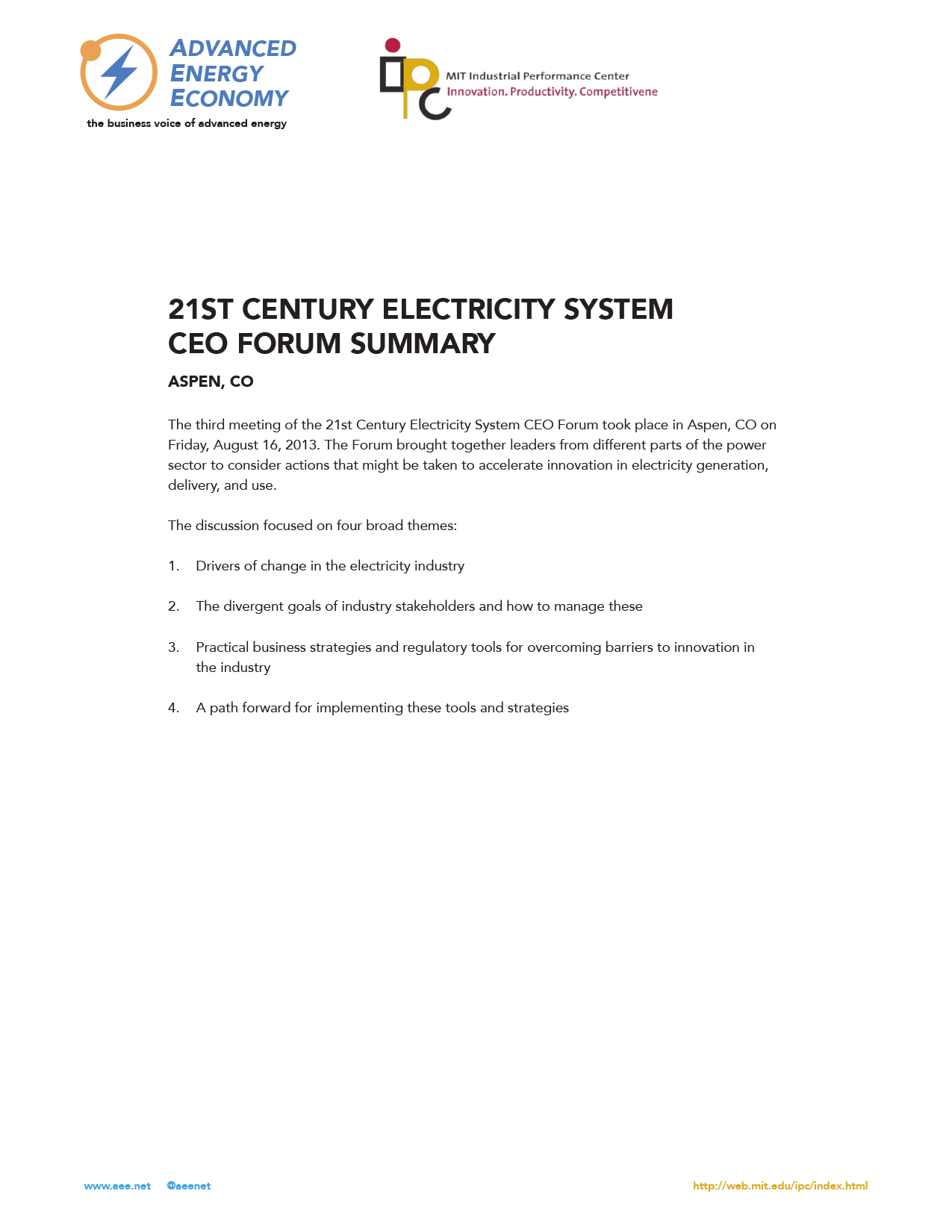 21st Century Electricity System CEO Forum - Aspen, CO