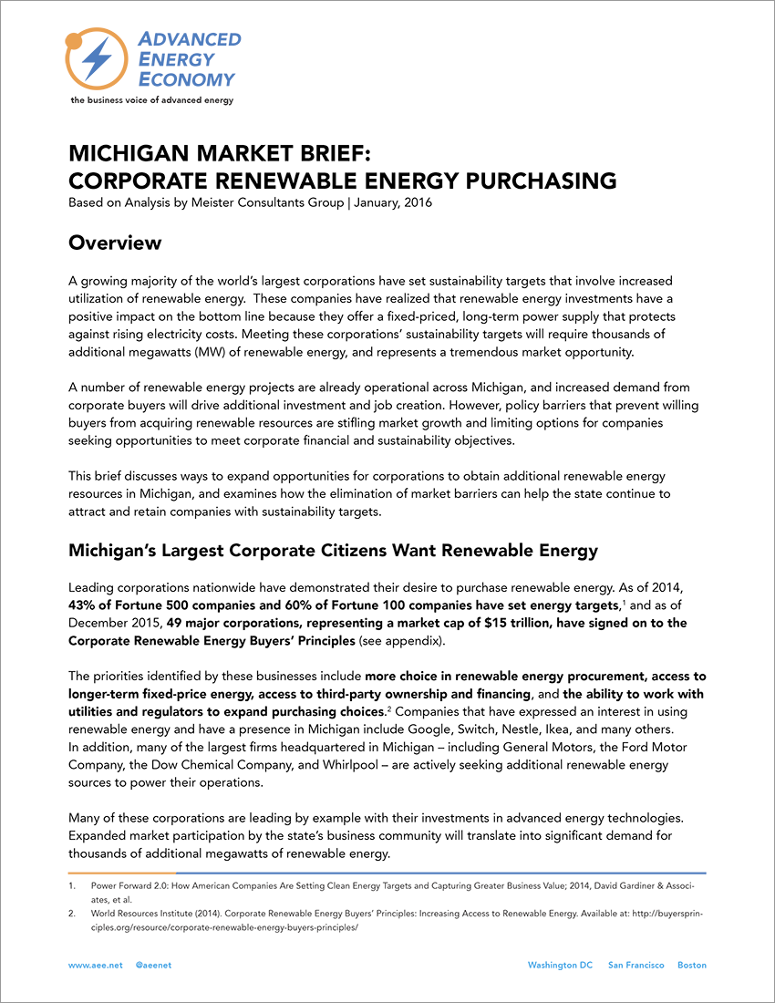 Corporate renewable energy purchasing in Michigan